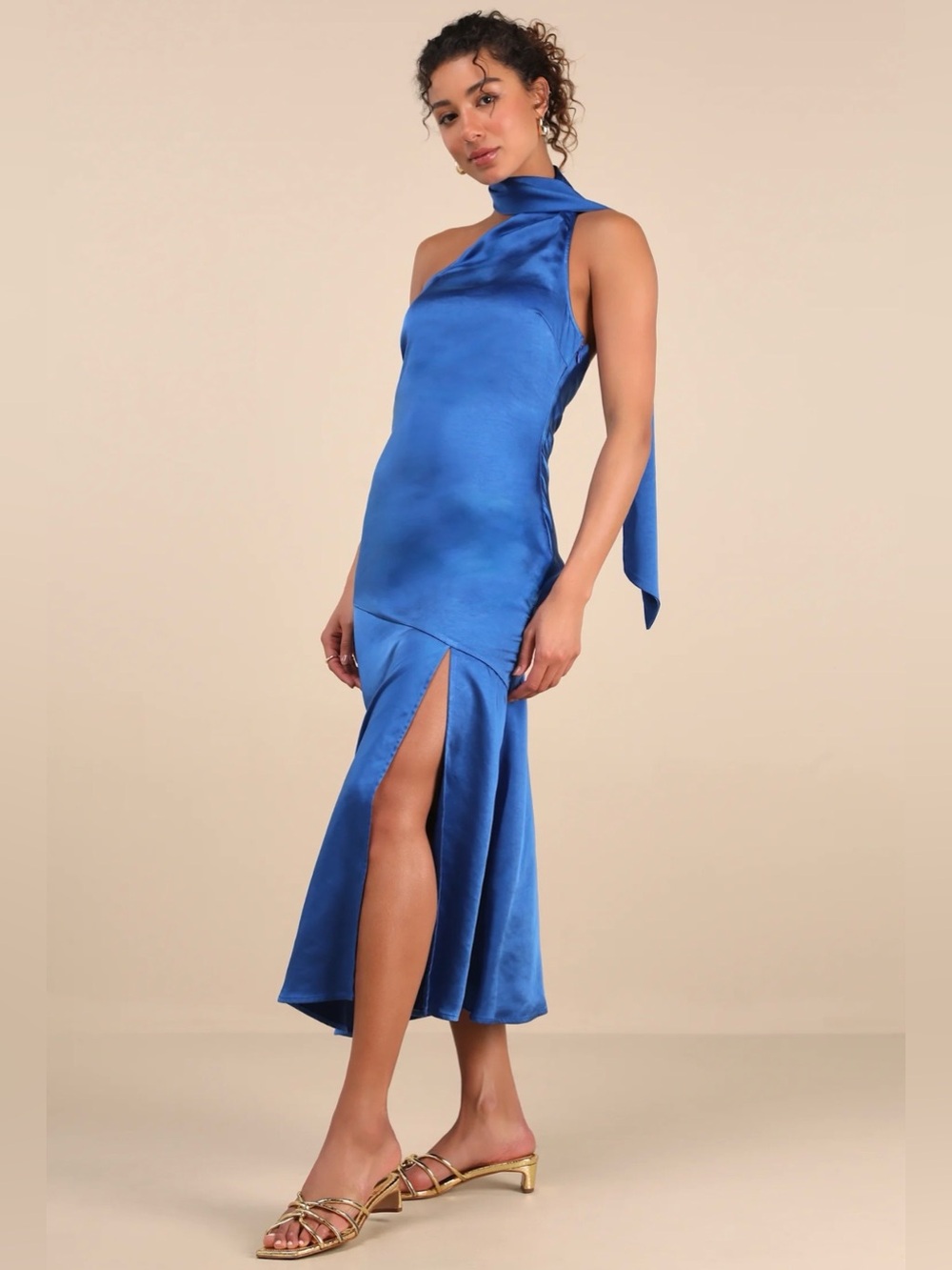 Lulus Reglan Blue Satin One-Shoulder Midi Dress S NWT